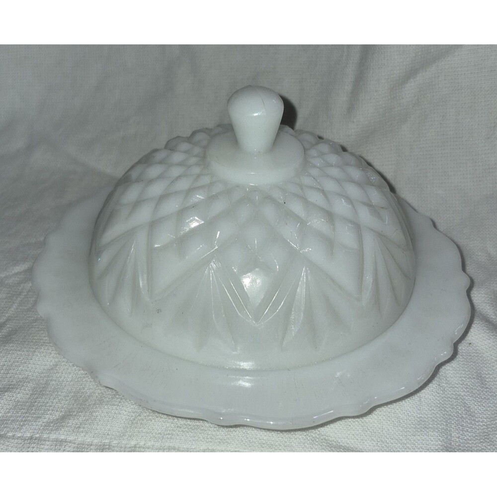 vintage round milk glass butter dish Anchor Hocking